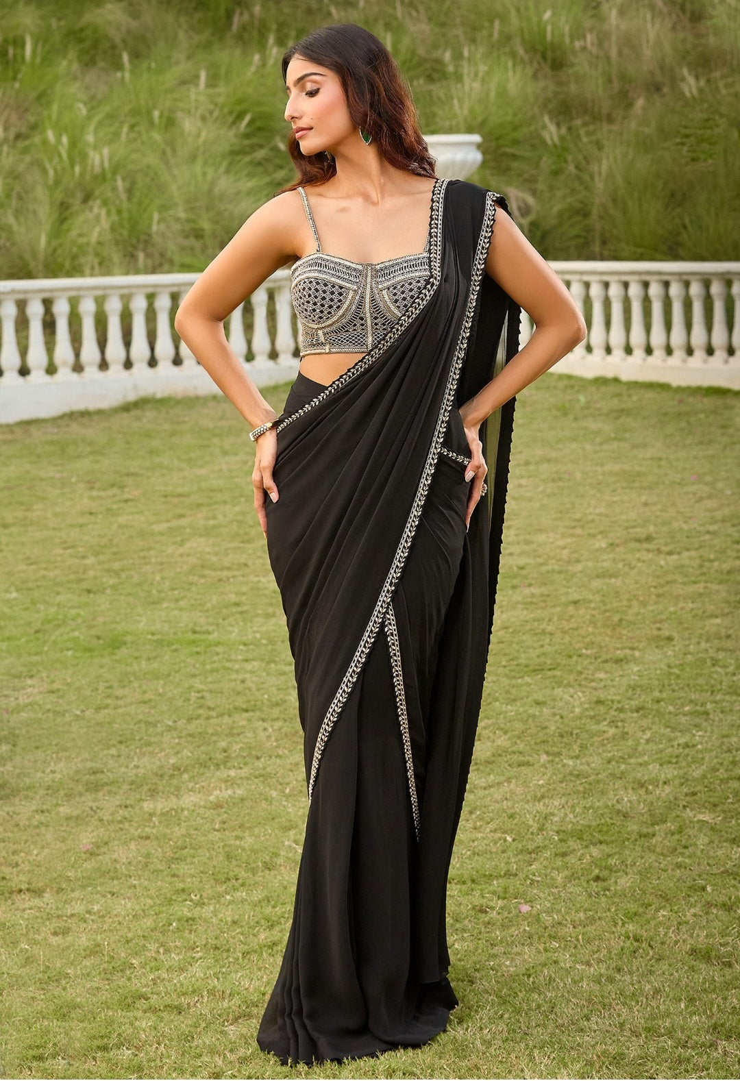 The Midnight Mystique: Black Corset Blouse Saree Set